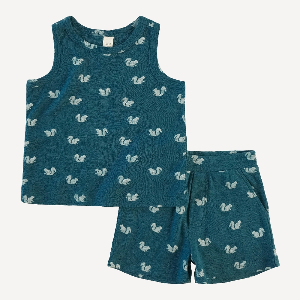 NWT 5Y Kate Quinn topstitch tank relaxed short set blue tiny squirrel pointelle